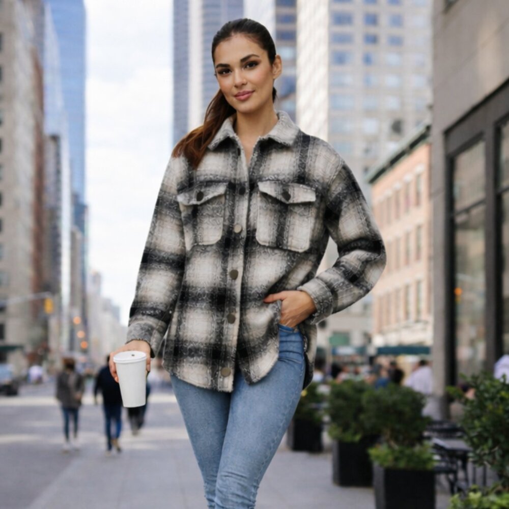 NEW Bagatelle Plaid Shacket Jacket Black Cream Brushed Shirt Coat- Size M